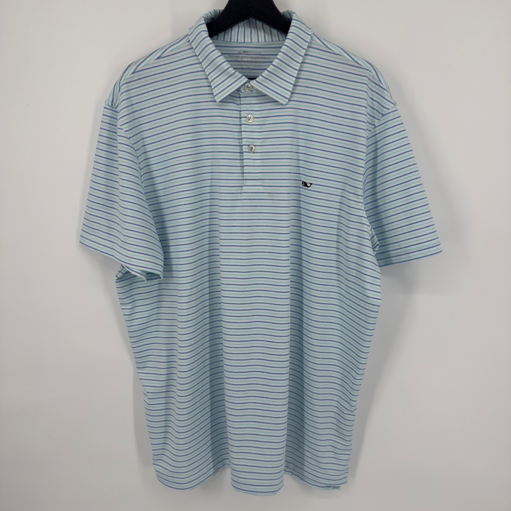 Vineyard Vines Mens XL On The Go Sankaty Polo Shirt Blue Stripe Whale Logo - Picture 2 of 7
